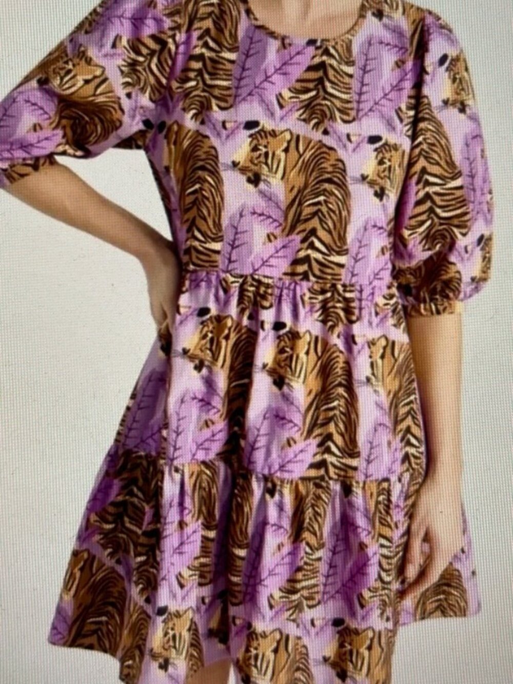 FFARM Rio Lilac Tiger & Leaf Print Tiered Cotton Dress: Size XS: Pit to Pit is 1